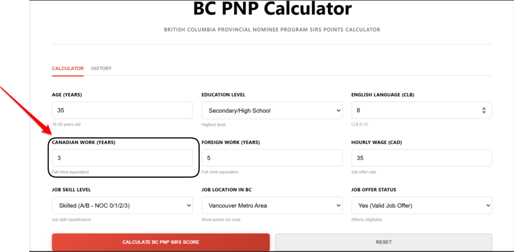BC PNP Calculator Add Canadian Work Experience (bc bnp calculator)