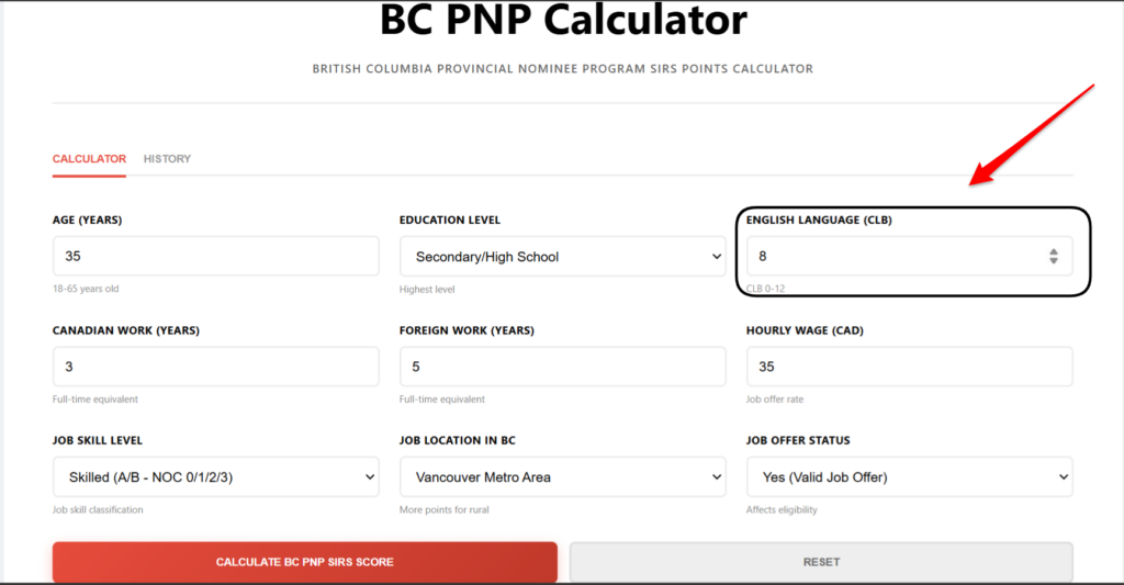 BC PNP Calculator Add Results of Language Test (bc bnp calculator)