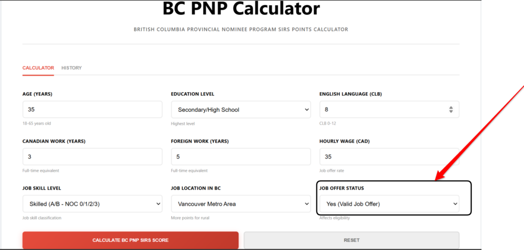 BC PNP Calculator Choose Job Offer Status (bc bnp calculator) (2)