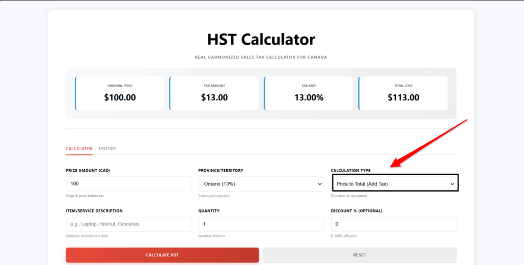 Choose Calculation Type (hst calculator)