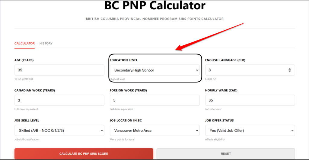 BC PNP Calculator Choose your level of education (bc bnp calculator)