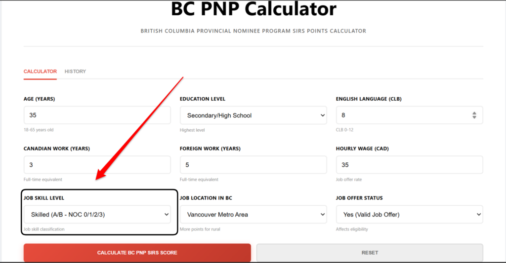 BC PNP Calculator Pick Your Career (bc bnp calculator