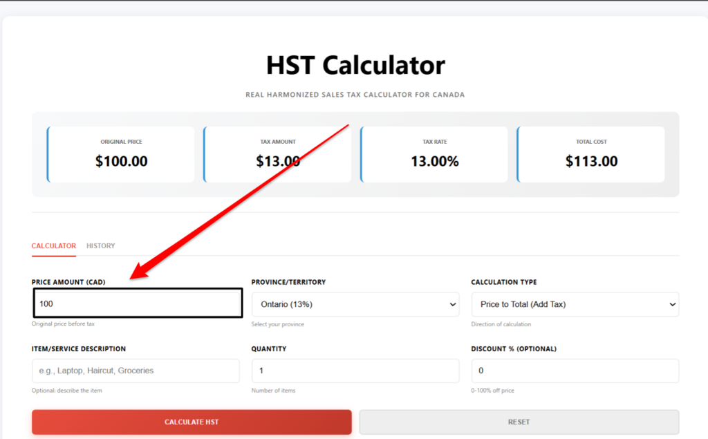 enter the price (hst calculator)