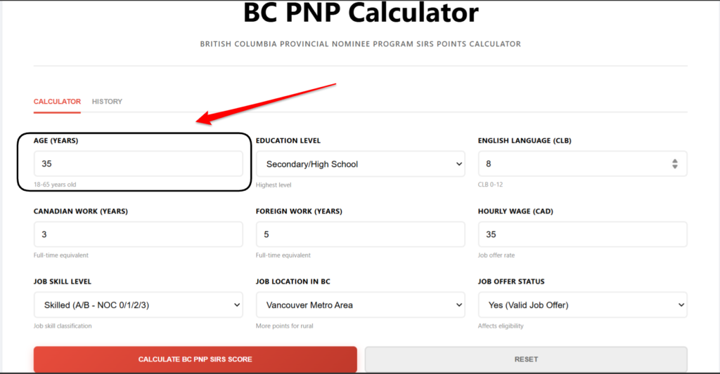 BC PNP Calculator enter your age (bc bnp calculator)